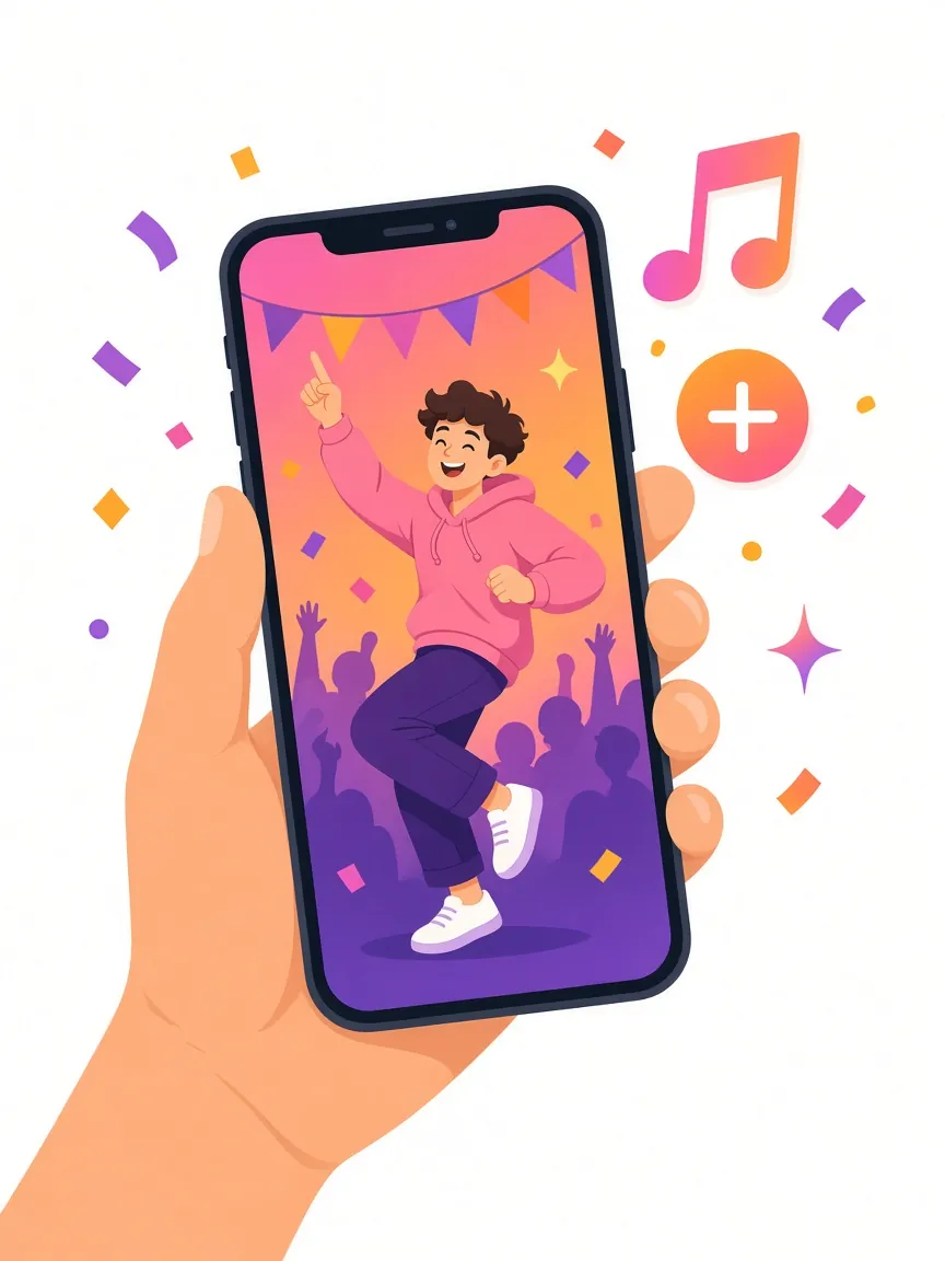 Illustration of a phone with a party dance video, a music note and a plus button for adding a sound