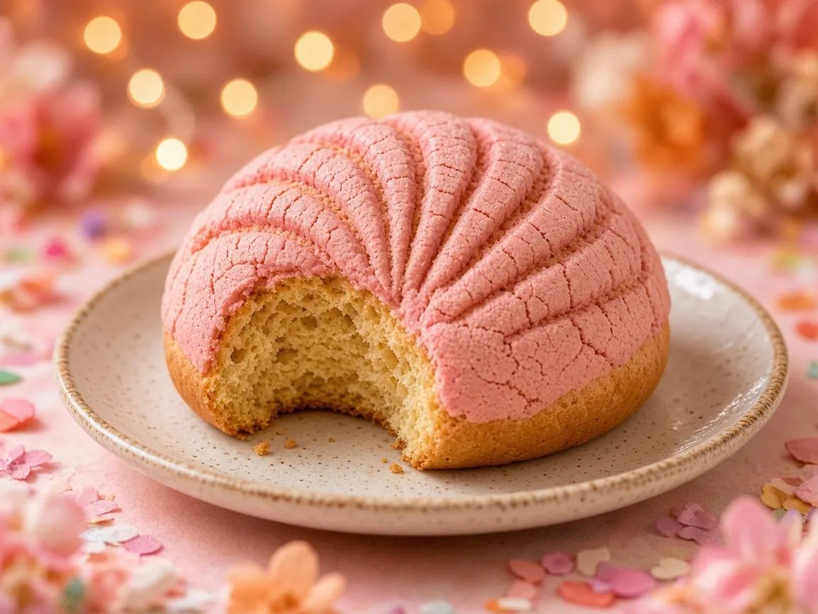A pink concha, the Mexican sweet bread with a crackled sugar shell, with one bite taken out, on a plate
