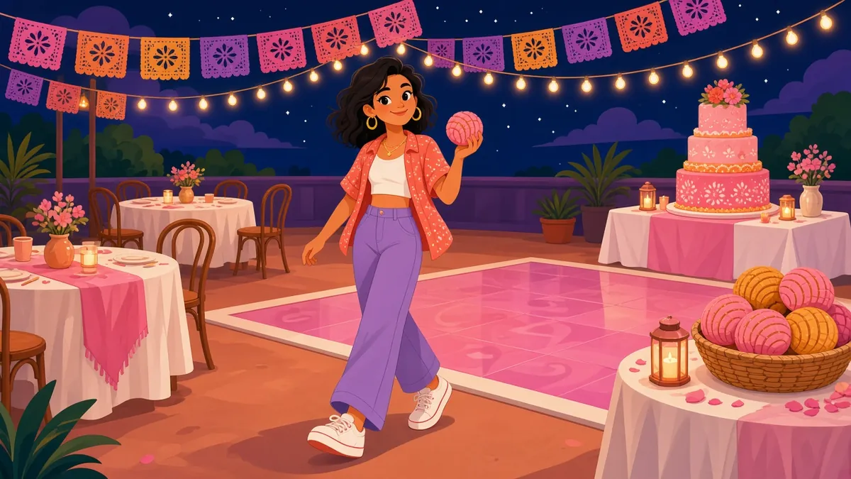 Illustration of a quinceañera party at night with papel picado, string lights and a pink dance floor; a guest walks across holding a pink concha