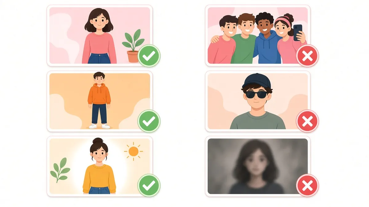 Illustrated photo tips: three good single-person photos with check marks and three bad ones (group selfie, cap and sunglasses, blurry) with crosses
