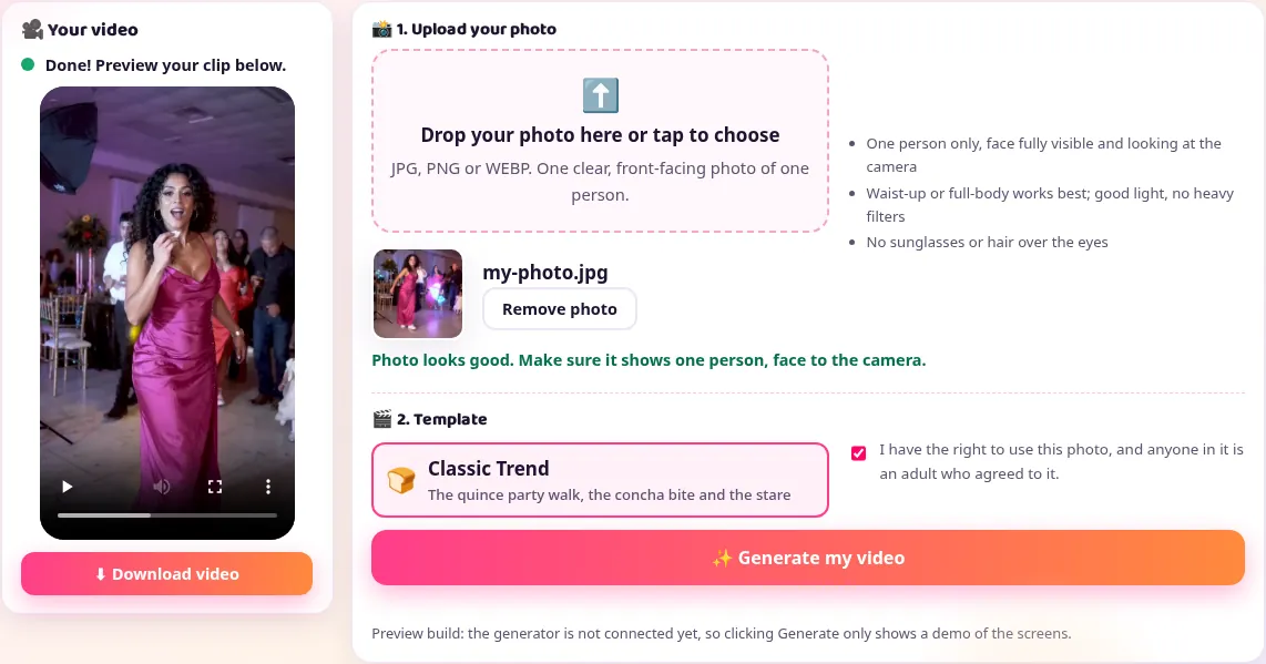 Screenshot of the generator when the video is done: the vertical clip plays in the left panel above a Download video button