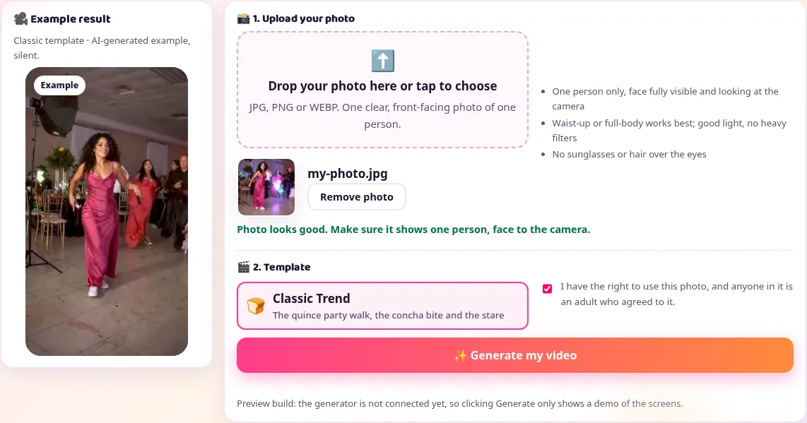 Screenshot of the generator with Classic Trend selected and the permission box ticked