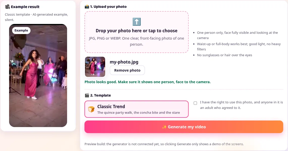 Screenshot of the generator with an uploaded photo and its preview