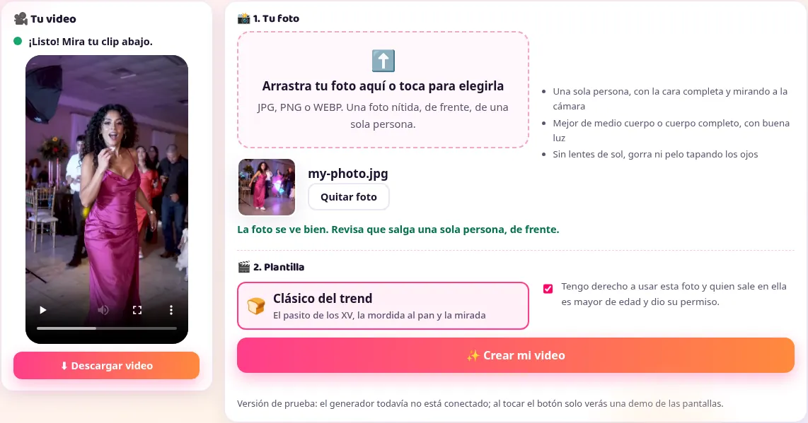 Captura del generador cuando el video está listo: el clip vertical se reproduce en el panel de la izquierda encima del botón Descargar video