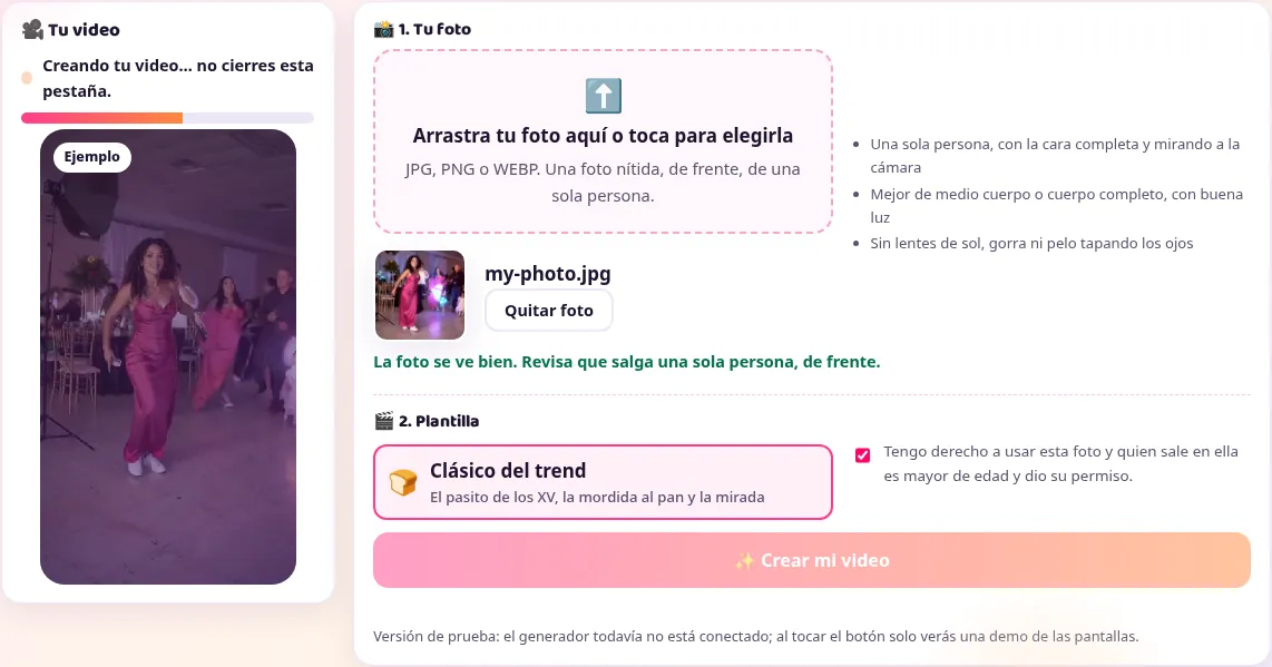 Captura del generador mientras trabaja: el panel de la izquierda muestra el estado y la barra de progreso, la tarjeta de controles sigue a la derecha