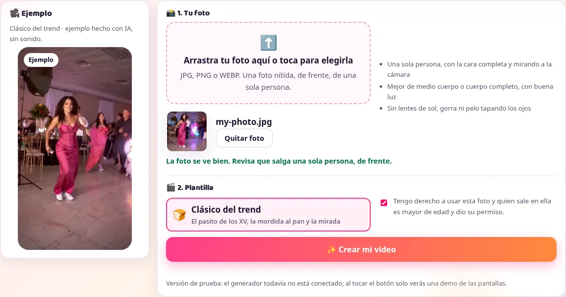 Captura del generador con Clásico del trend elegido y la casilla de permiso marcada
