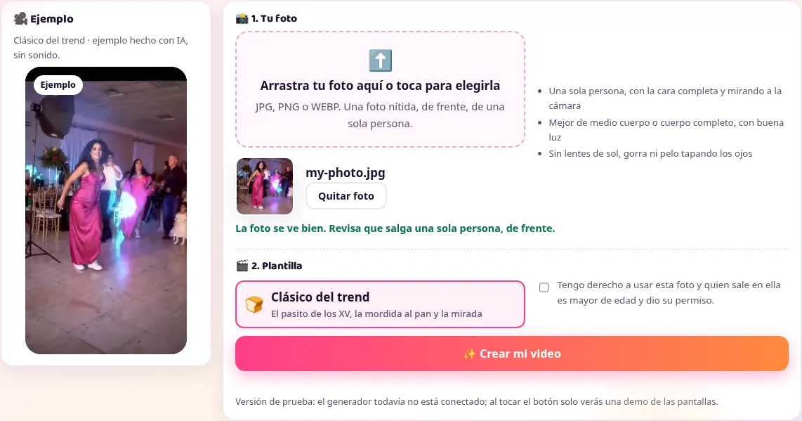 Captura del generador con una foto subida y su vista previa
